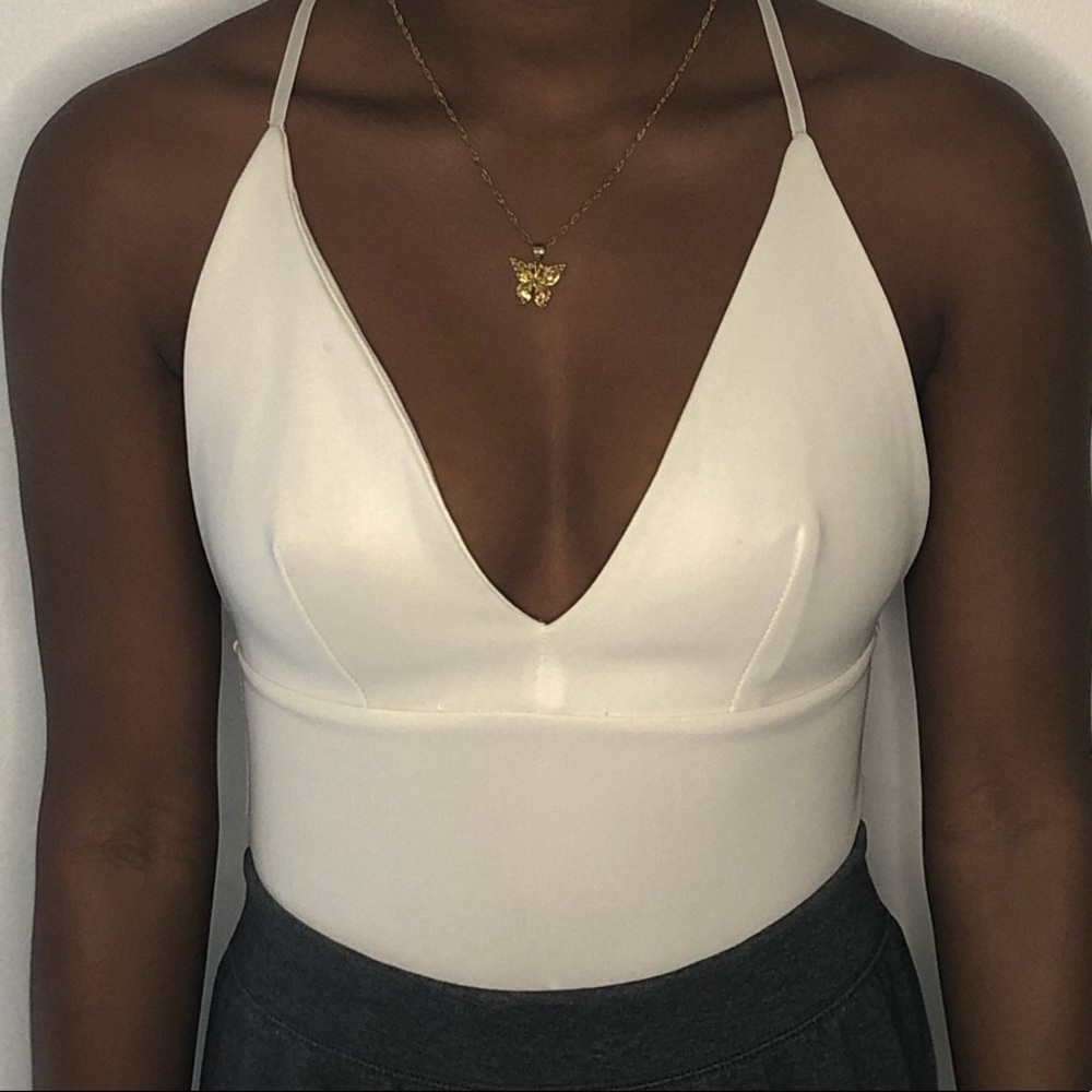 adjustable white deep v cut one piece bodysuit